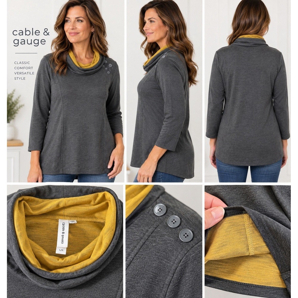 Cable & Gauge Womens Large Gray Mustard Cowl Neck Tunic Top Button Shoulder